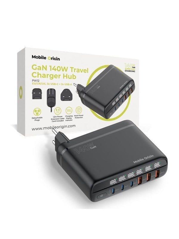 Mobile Origin GaN 140W Travel Charger Hub PW12 EU/UK/US 3x USB-C + 3x USB-A