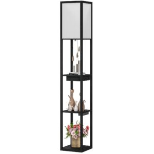 Gulvlampe med 3-lags hylde, fodkontakt, usb-porte, mdf, sort