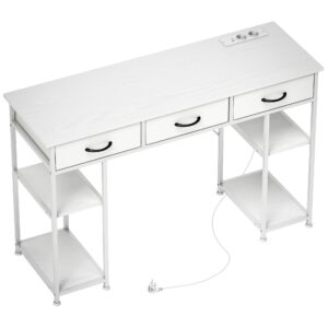 Køkkenbord med 2 USB-opladeporte, 2 stikkontakter, justerbare hylder, 3 stofskuffer, 120x40x76 cm, hvid