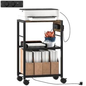 Printerstativ/printerhylde med hjul, stikkontakter, USB- og USB-C-porte, op til 40 kg, rustik brun