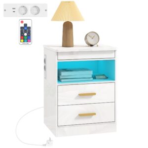 Natbord, sidebord med ladestation og RGB LED-belysning, hvid højglans